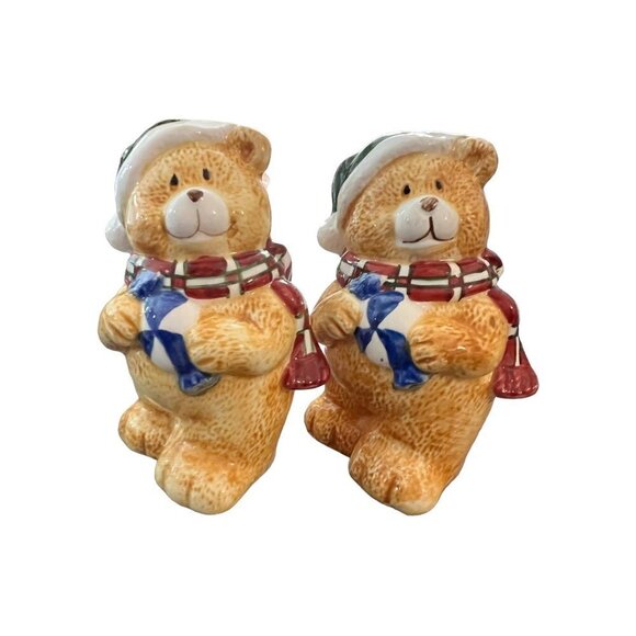 Ceramic Bears in Christmas Santa Hat and Scarf Salt and Pepper Shakers - Picture 1 of 4